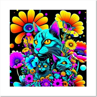 Psychedelic Cats and Flowers Posters and Art